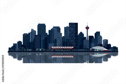 Dark blue cityscape skyline with tower and stadium reflected in water modern buildings