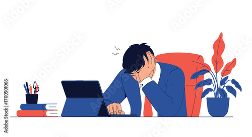 Illustration of a person feeling stressed and overwhelmed by work at their desk with a tablet and plant