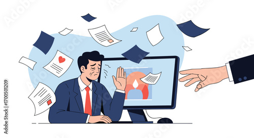 Stressed businessman overwhelmed with paperwork and data security concerns as hand reaches for computer