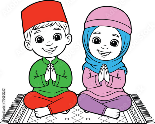 Muslim boy and girl cartoon sitting together on prayer mat, wearing traditional clothes, smiling, making dua, Islamic character design