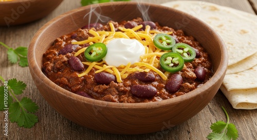 Bowl of chili with toppings on wooden surface, warm and appetizing