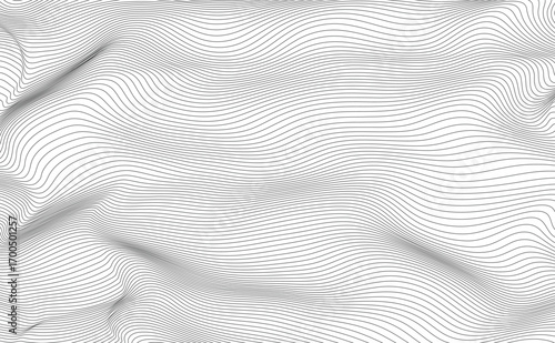 Vector thin flowing wavy black contour lines topographic grid pattern on white background. Smooth wave subtle contour curves terrain backdrop.