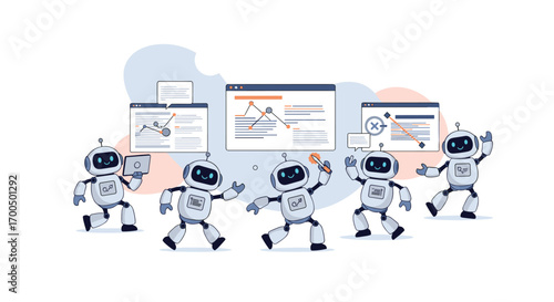 Robots dancing around charts and graphs showcasing data analytics and business intelligence solutions