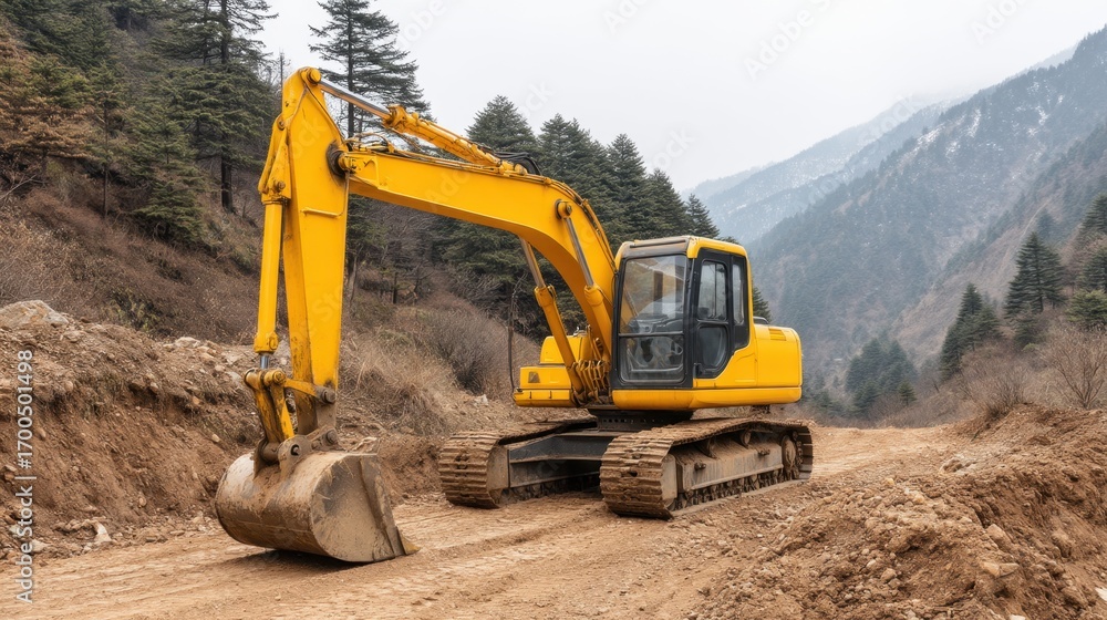 Obraz premium Yellow Excavator Working on Construction Site in Mountainous Terrain with Dusty Road and Dense Forest Background