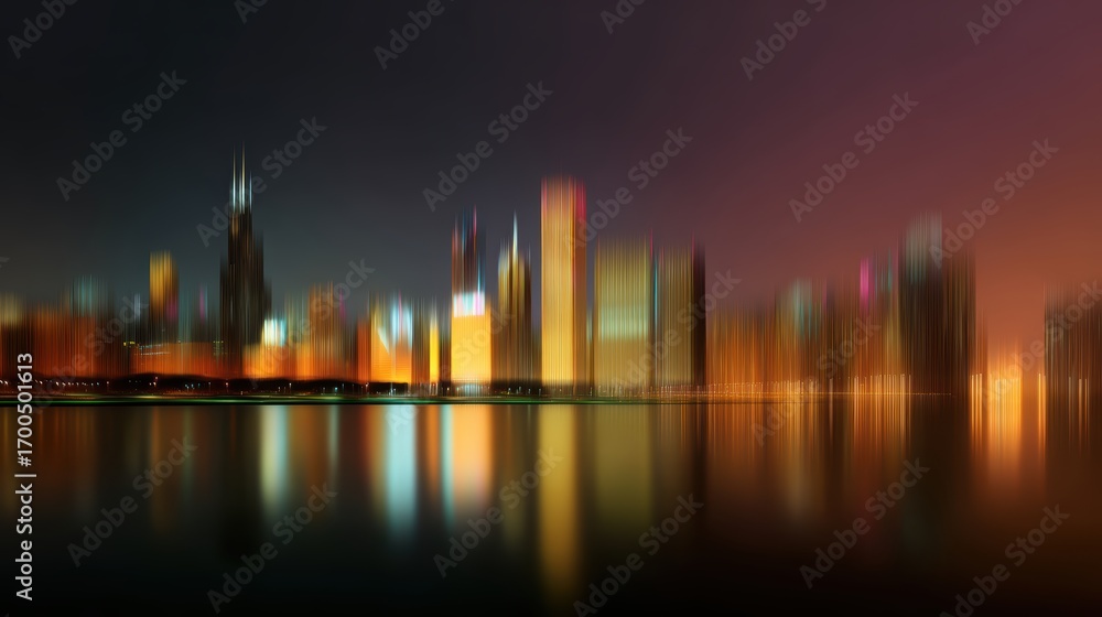 Obraz premium Chicago skyline panorama at night, glowing skyscrapers, abstract minimal style
