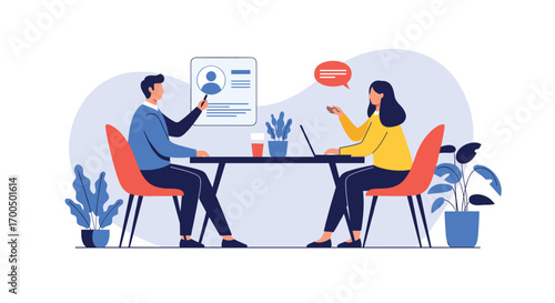 Professional job interview conversation between hiring manager and applicant during meeting