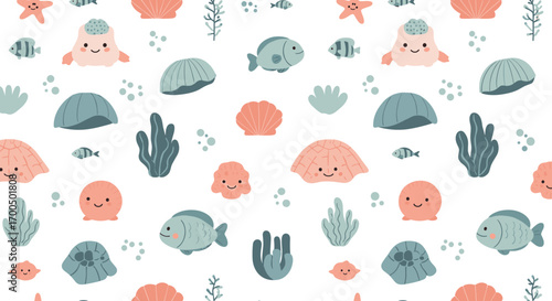 Charming underwater world with cute aquatic creatures and ocean elements