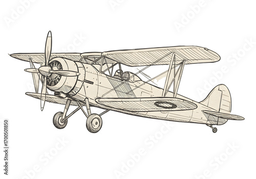 Illustration of Vintage Biplane in Beige and Black on Transparent Background