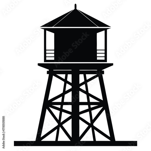 Black Silhouette of an Elevated Water Tower with a Hexagonal Roof Structure
