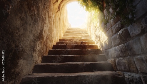 A stone staircase is seen ascending towards a bright light at the end of a dark tunnel with stone walls and foliage.