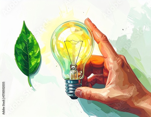 Hand switching off a light bulb with a green leaf icon next to it, symbolizing green renewable energy