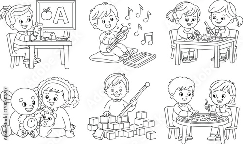 Preschool kids learning, playing, and creating in classroom activities, educational coloring page, fun school moments, indoor early childhood development
