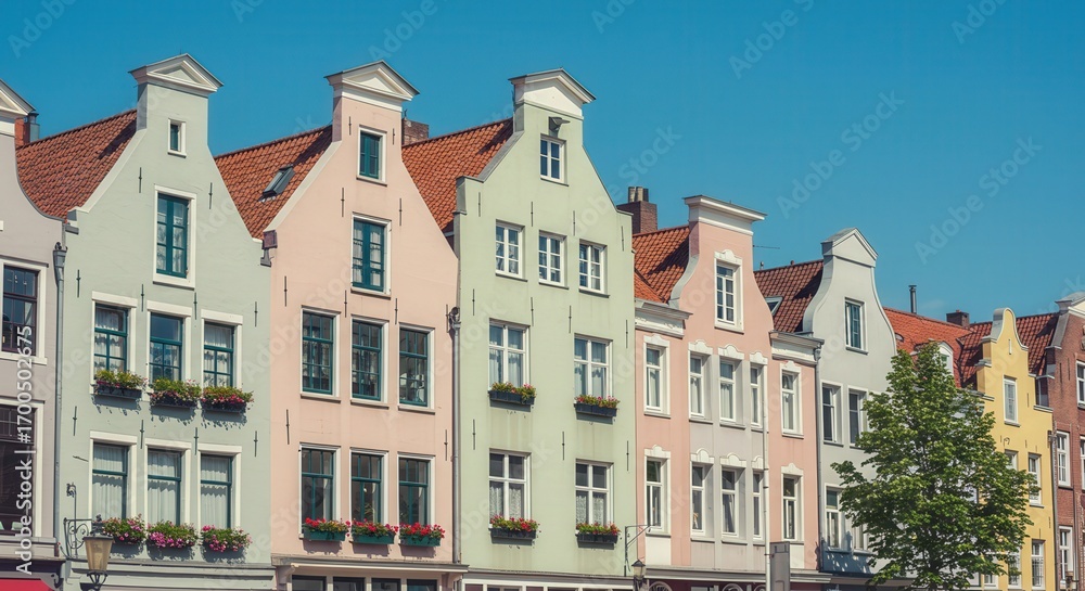 Fototapeta premium Colorful historical buildings lined up under blue sky 