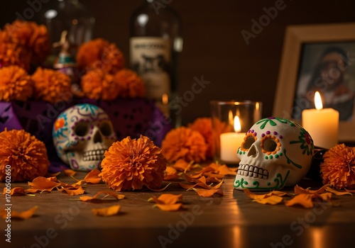 Día de los Muertos altar with decorative skulls, marigolds, and candles.