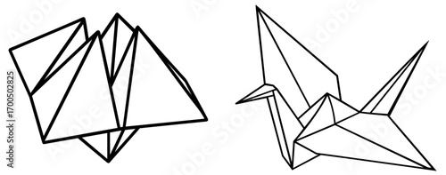 Origami paper crane bird and fortune teller folding craft models with creases and geometric shapes