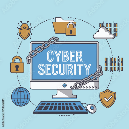 Vector art of cyber security illustration with a computer, keyboard, and mouse surrounded by icons of locks, shields, and chains representing online protection