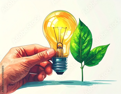 Hand switching off a light bulb with a green leaf icon next to it, symbolizing green renewable energy