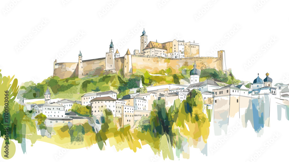Fototapeta premium Hohensalzburg Fortress. Hohensalzburg Fortress watercolor vector illustration