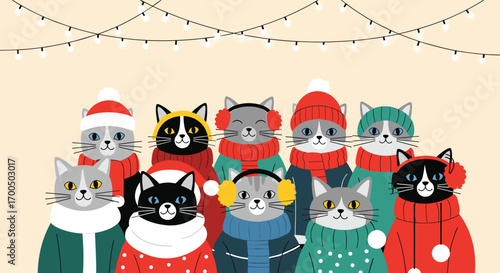Cute feline friends celebrating the festive holiday season together wearing cozy winter attire