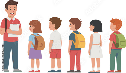 Teacher interacting with line of happy school children, backpacks, standing in row, school environment, education, learning, kids, classroom, diversity, teamwork, smiling