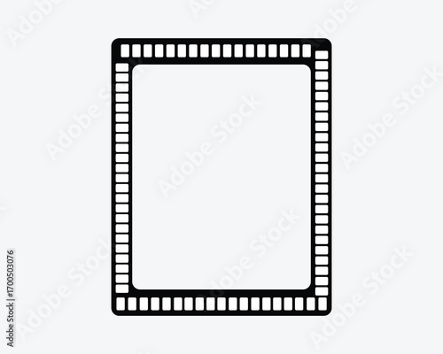 Black film strip border with empty white frames on light gray background movie