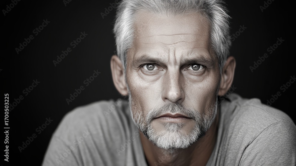 Obraz premium A close-up portrait of a mature man with grey hair and a beard, exuding intensity and wisdom, against a dark background.