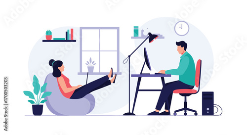 Remote workers collaborating in a comfortable home office environment with plants and natural light