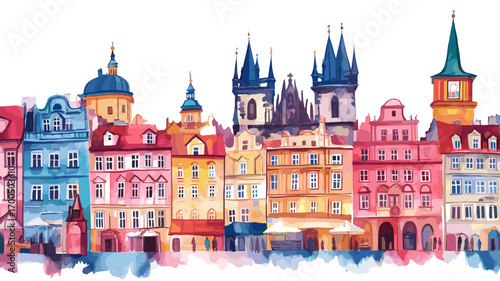 Old Town Square in Prague. Old Town Square in Prague watercolor vector illustration