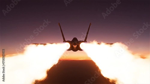 Powerful jet aircraft flying with full afterburner during sunset, illuminating the sky with brilliant flames and smoke