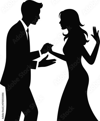 Elegant black and white silhouette of dancing couple in formal attire holding hands, romantic connection, ballroom dance, love, celebration, graceful movement illustration