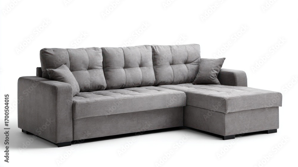 Obraz premium An elegant, comfortable gray sofa with plush cushions against a pristine white background