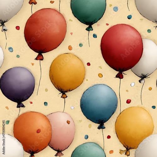 Balloons with colorful confetti dots in seamless festive pattern