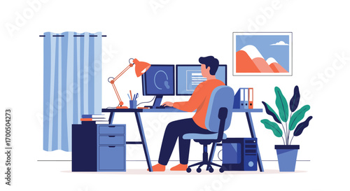 Person working on computer at desk with two monitors and plants in a home office