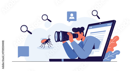 Digital security professional examining software for malware detection and bug identification processes