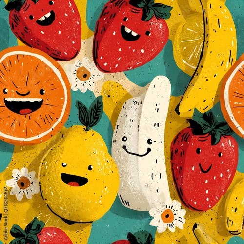 Smiling strawberries bananas and oranges in cartoon fruit design