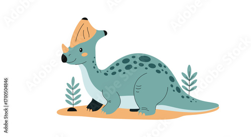 Cute cartoon pachycephalosaurus dinosaur with bony frill and crest walking in a prehistoric landscape with plants