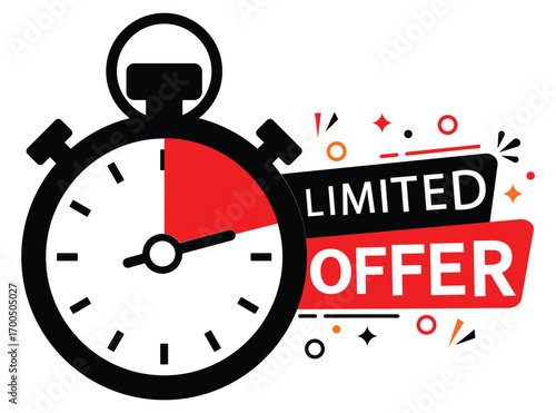 limited time offer with stopwatch vector illustration isolated on transparent background. exclusive promo with countdown icon. Last minute offer one day sales and timer. label for promotion, banner.  