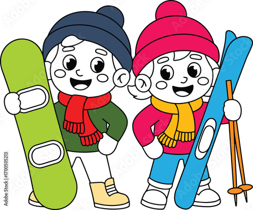 Two cheerful kids dressed in winter clothes holding skis and snowboard, ready for snow sports, winter fun, cold weather activities.