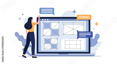 Visualizing data analysis and design process on a digital screen with a person interacting with charts and graphs