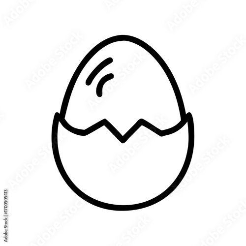 Minimalist black outline vector icon of a boiled chicken egg half peeled, symbolizing food, breakfast, protein, and nutrition. Isolated on a transparent background