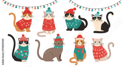 Adorable whimsical cats dressed in festive holiday sweaters and cozy hats