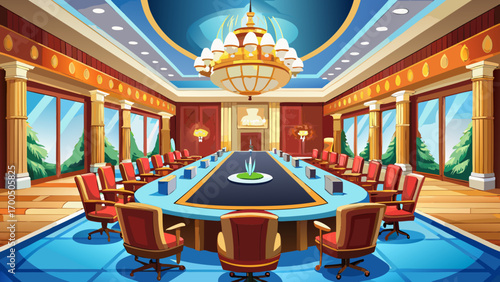 Dazzling panoramic 360 view of a grand corporate conference hall, showcasing a long cherry wood table, black leather chairs, crystal chandelier, and polished marble flooring, combining grandeur, funct