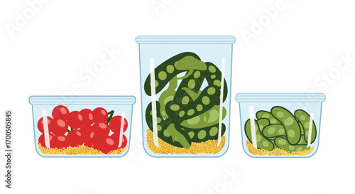 Fresh vegetables and grains stored in clear containers for healthy eating and meal preparation