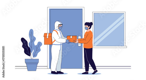 Safe contactless delivery service worker in protective suit hands package to recipient at door