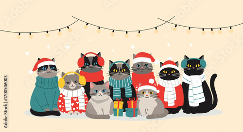 Adorable festive felines gathered together celebrating the holidays with joyful spirit