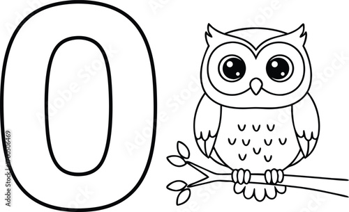Black and white illustration of owl on branch with number zero for education