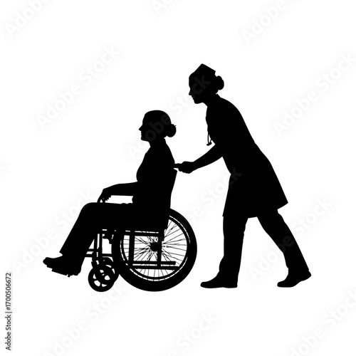 Nurse Assisting Patient in Wheelchair Silhouette