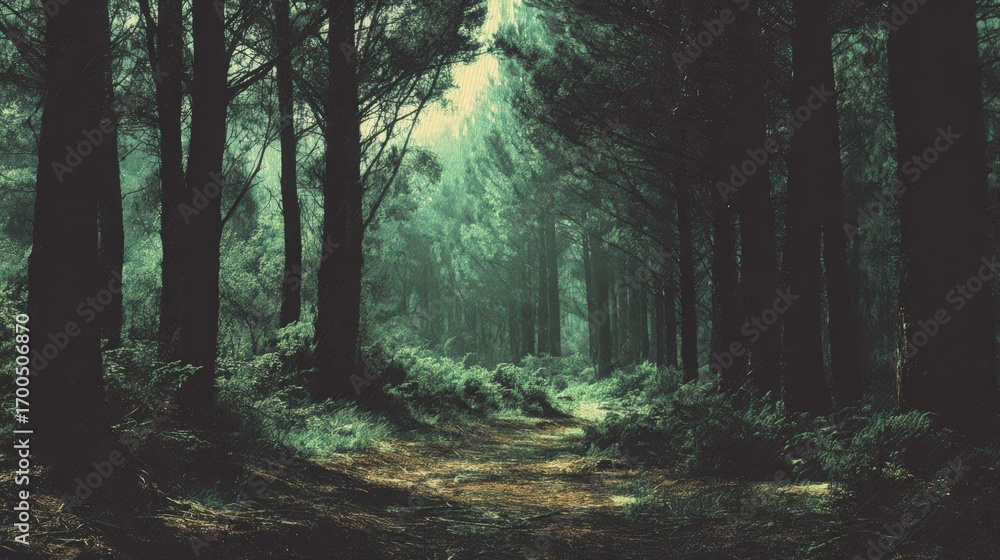 Fototapeta premium A serene forest path illuminated by soft sunlight filtering through tall trees.
