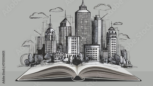 Vector art of sketch of a modern city skyline emerging from an open book, symbolizing the knowledge and stories behind architectural creation