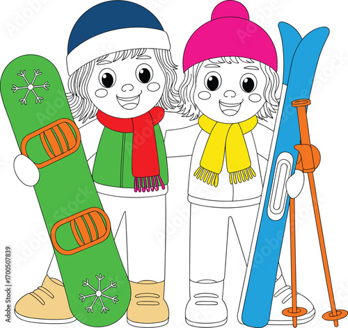 Two smiling kids in winter outfits holding snowboard and skis, enjoying snow activities, outdoor fun, cold weather, winter sports gear.